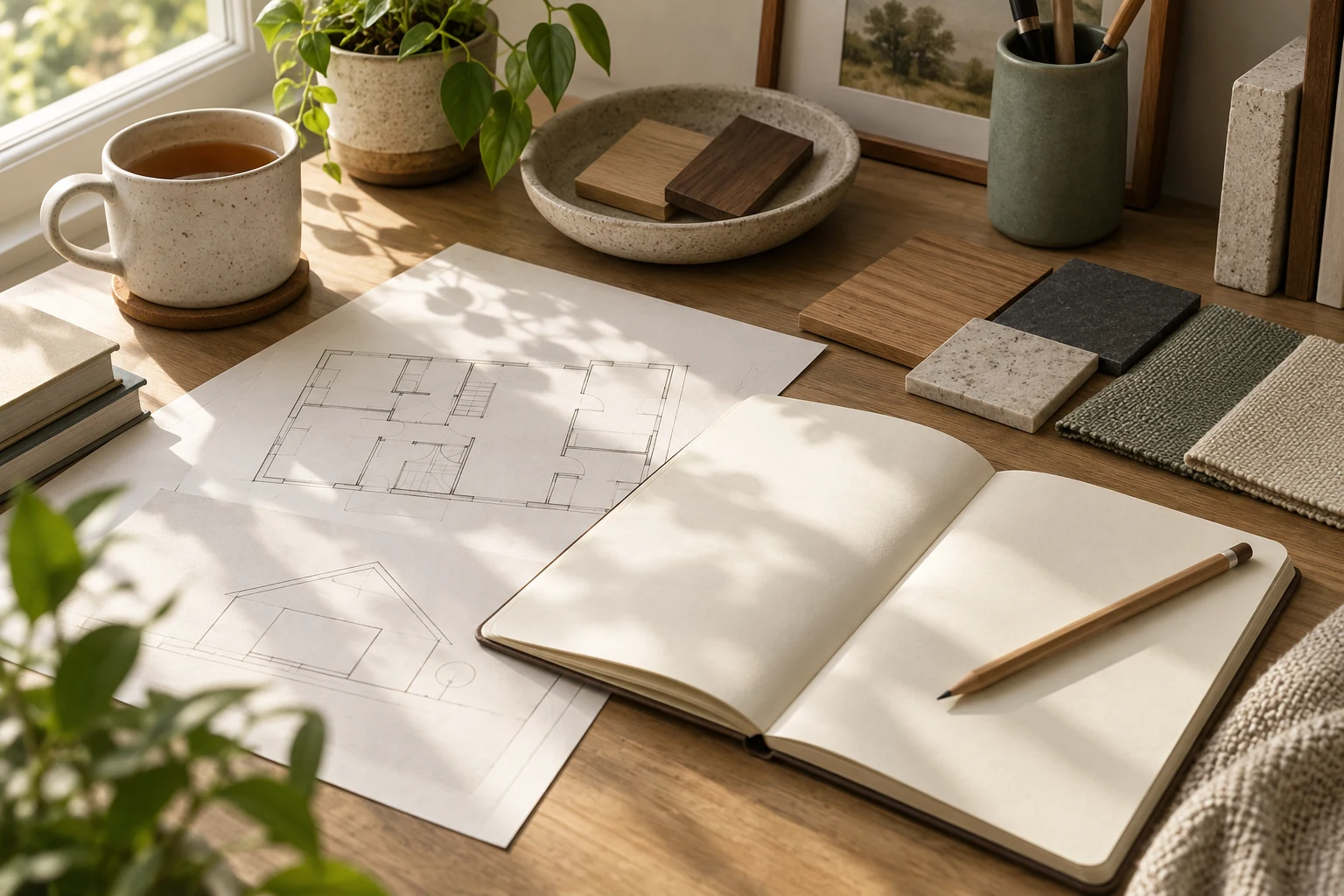 A blank notebook, abstract home sketches and material samples; a fictional editorial illustration.