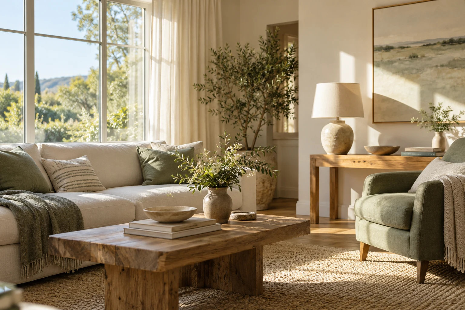 A fictional cream and sage living room with soft daylight and plants.